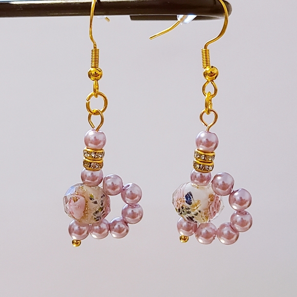 Lavender Gold Sand Lampwork Crystal and Pearl Fashion Earrings - Picture 1 of 3